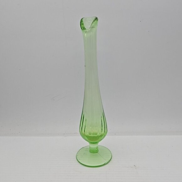 Vintage Uranium Vaseline Green Glass Swung Bud Vase Fluted Lip 8” T - Picture 2 of 2